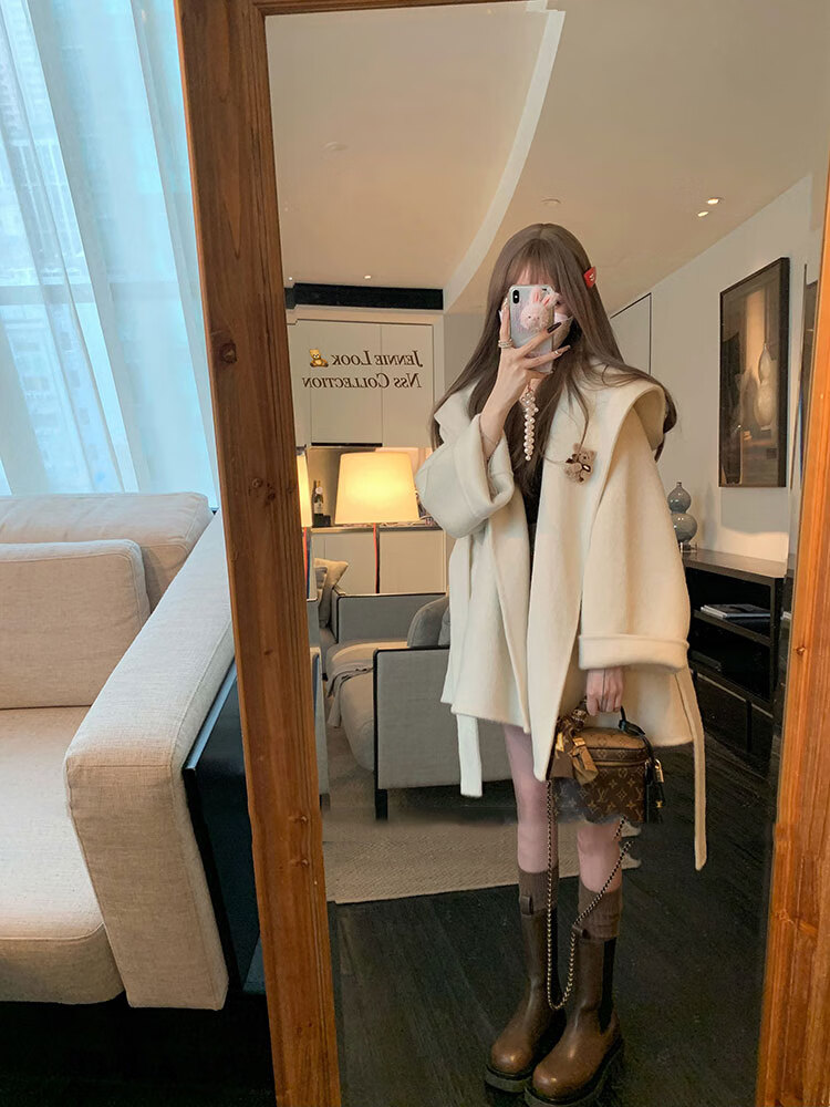 离境天羊绒大衣女小个子带帽双面羊绒大衣女短款秋冬季气质高级感羊毛