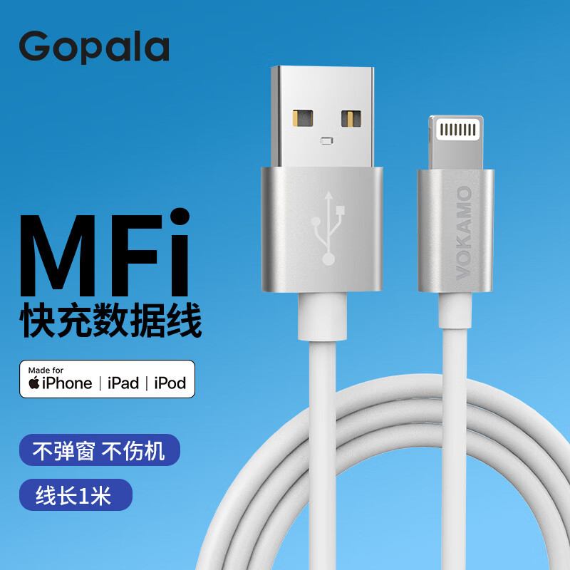 Gopala MFi认证苹果数据线快充通用iPhone14/13/12/SE/11/X/8/iPad平板/mini手机充电线 苹果MFi数据线-1米-太空银