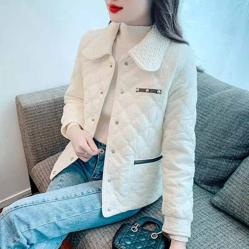 華梔小香風(fēng)棉衣外套女冬季2024年新款小個(gè)子輕薄保暖加棉棉服棉襖上衣 米白色 M建議85-115斤