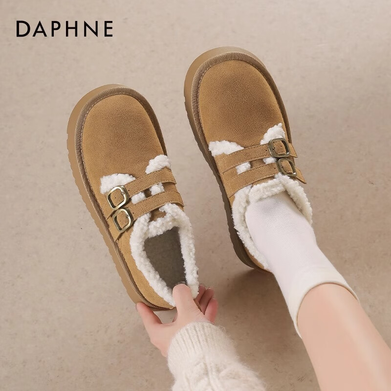 达芙妮加绒勃肯鞋女秋冬2025新款厚底增高保暖棉鞋松糕复古雪地靴女LP 卡其色【双排扣-跟高4cm】 40