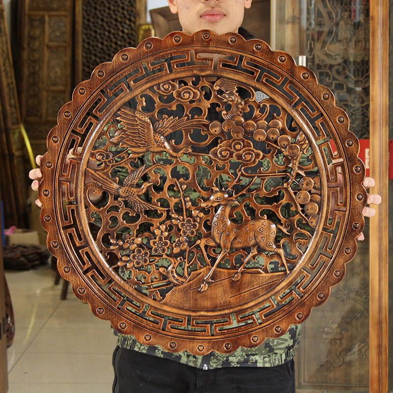 挂件玄关福字实木香樟木圆形壁挂玄关客厅新中式挂画58cm 福禄寿喜