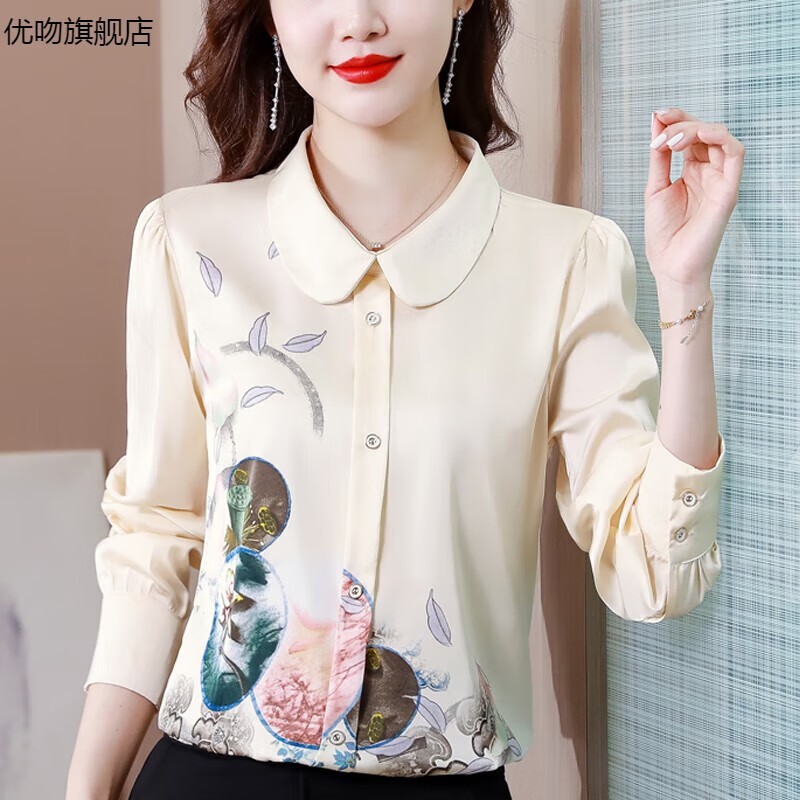 优吻 丝绸真丝衬衫女春季遮肚子小衫时尚娃娃领桑蚕丝长袖上衣 图片色