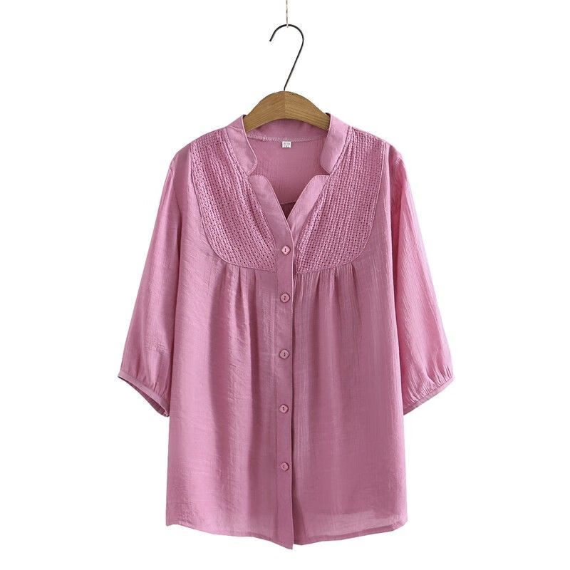 区森夏天麻料女装亚麻上衣衫衣女棉麻中老年妈妈装中袖开衫棉麻衬衫加