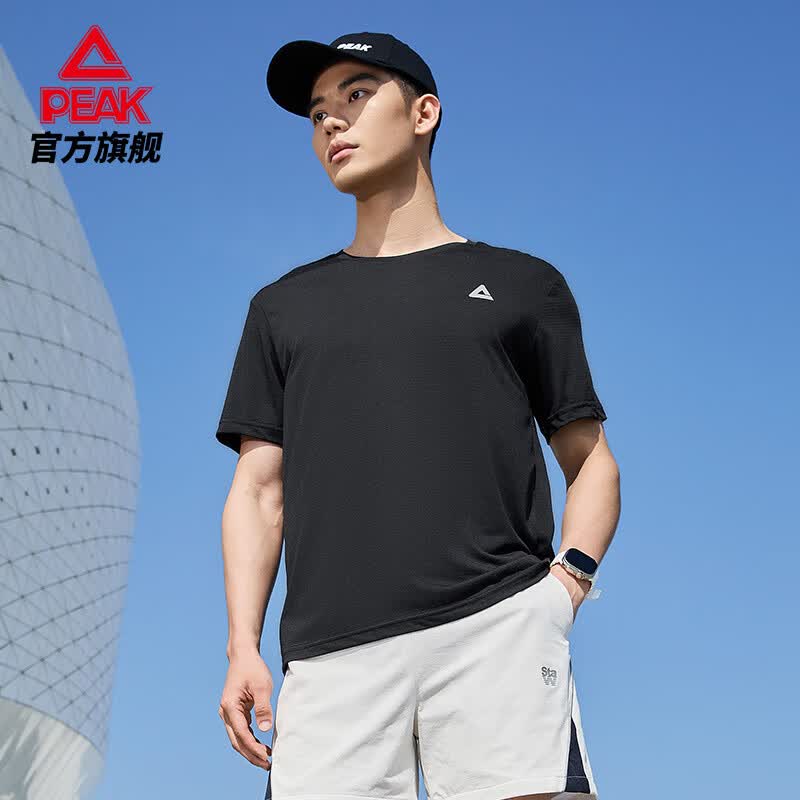 匹克体考运动速干T恤男女夏季宽松跑步健身透气吸湿排汗短袖圆领上衣 黑色2081-男款 L