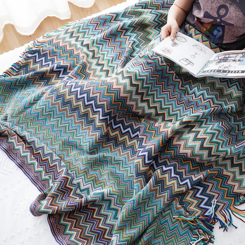 BATTILO美式沙发毯盖毯波西米亚毯民族风夏毯披肩毯空调毯床尾搭巾针织毯 深蓝色 127x170cm【含流苏】