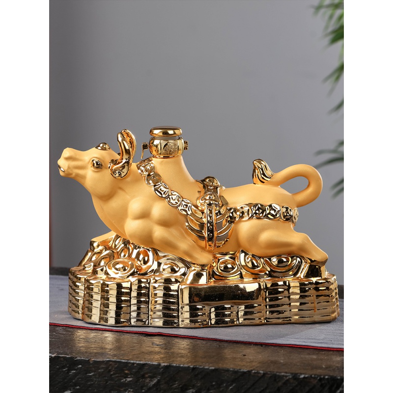 御梦赐轩 陶瓷酒瓶家用5斤酒坛景德镇装金牛密封酒壶创意摆件白酒空瓶