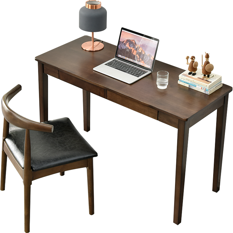 艺柳园 书桌实木电脑桌实木书桌学生学习桌简约现代写字台家用小桌子笔记本桌办公桌 90cm胡桃色+牛角椅