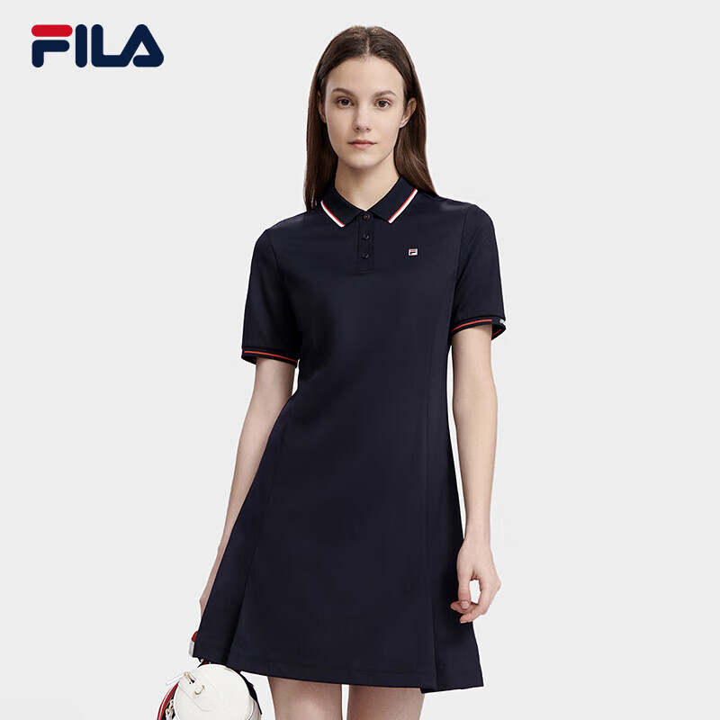 fila 斐乐官方女子连衣裙2023夏季简约休闲通勤polo领连身裙