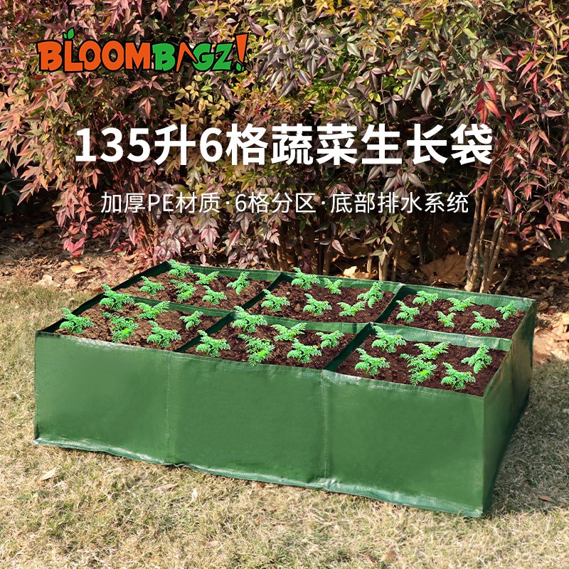 bloombagz 种菜箱长方形6格蔬菜花卉种植箱PE防水透气可折叠种菜袋阳台楼顶花园种菜盆 6格方形种菜箱·135L（90*60*25cm）
