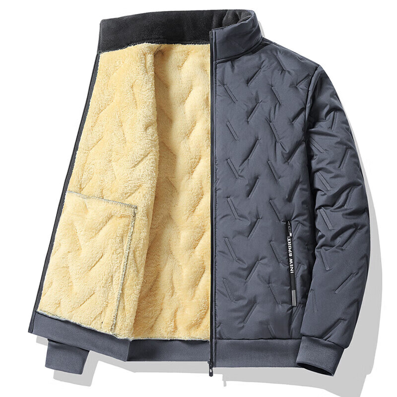 卡柏奇冬季休闲立领羊羔绒棉服男新款时尚保暖加绒外套男 灰色 L