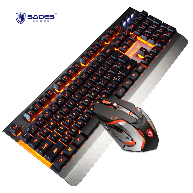赛德斯（Sades）轻语2 真机械手感键盘鼠标套装 有线键鼠 游戏键鼠 橙色呼吸背光 宏编程鼠标 银色