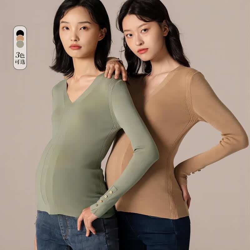 Sellynear孕妇装秋冬新款毛衣简约V领可机洗羊毛衫显瘦打底衫孕妈上衣内搭 燕麦色 S