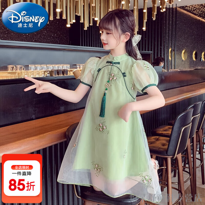迪士尼（Disney）女童连衣裙夏季新款夏天中国风公主裙中大童儿童汉服夏装旗袍裙子 绿色 110码建议身高100-110cm年龄4-5