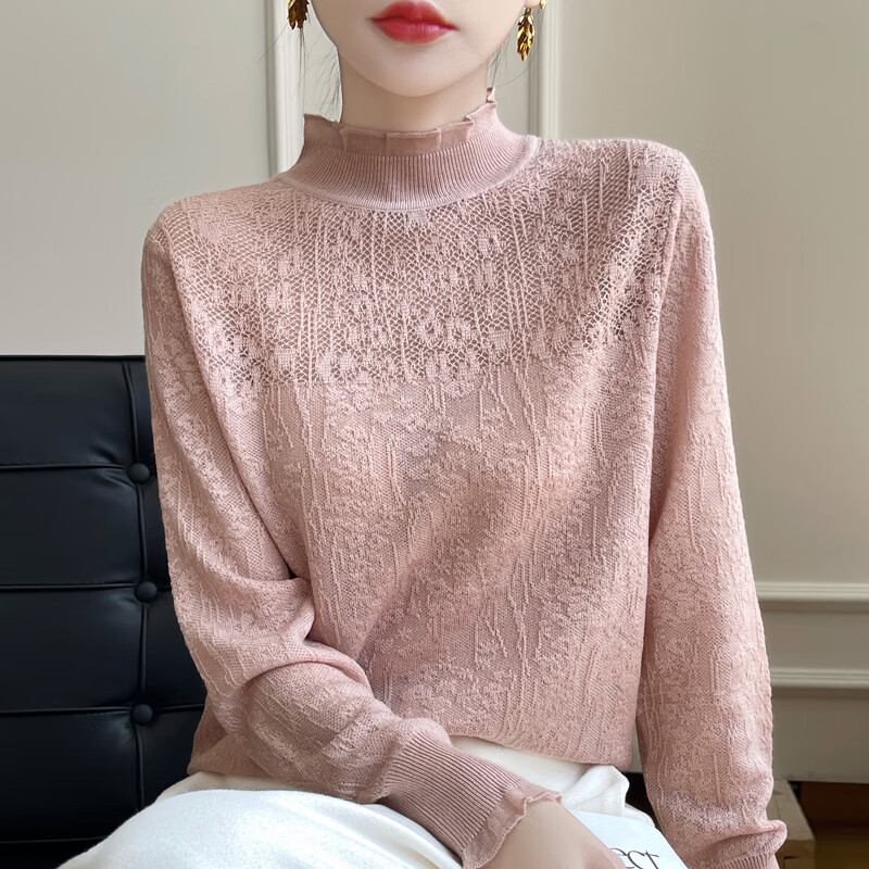 香影纯蕾丝打底衫女2025春秋新款半高领针织衫女洋气上衣女装秋冬毛衣女 米色 M (建议95-105斤)