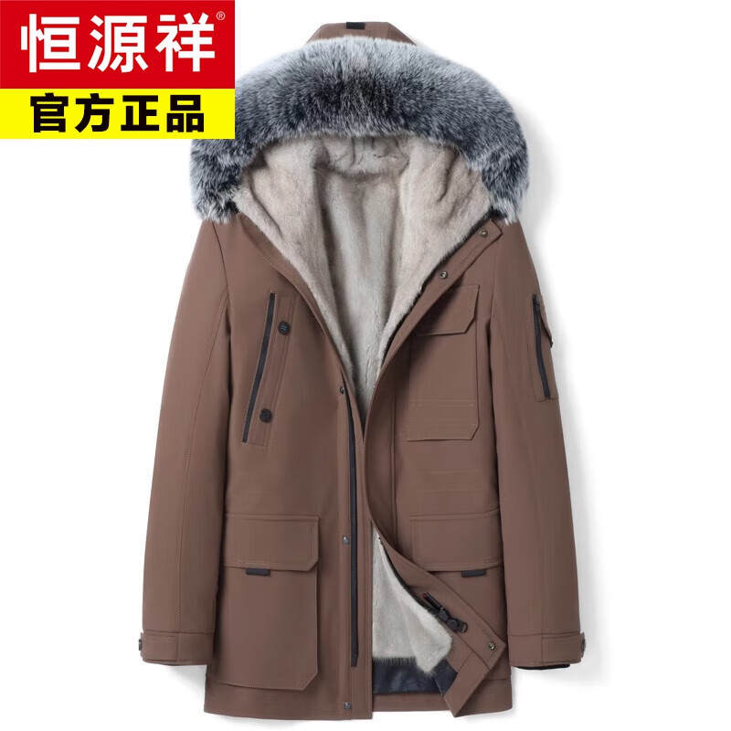 恒源祥派克服男士連帽水貂內(nèi)膽尼克服中長款貂皮大衣皮毛一體加厚外套冬 進(jìn)口大塊黑色拼貂內(nèi)膽 L 170