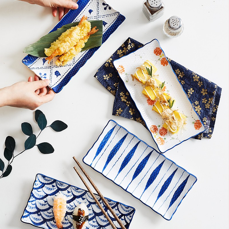 博为 日式寿司盘家用陶瓷长方形盘子创意复古饺子盘点心盘日料碟子 2个装【9英寸】