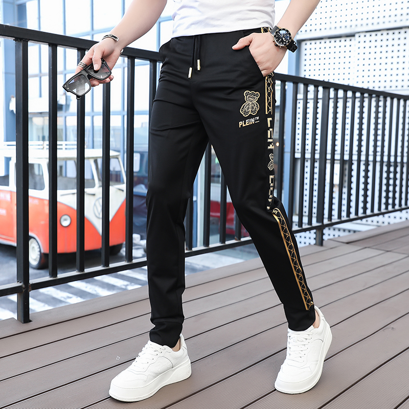 潮牌裤子男时尚春夏季修身束脚薄款速干冰丝运动休闲裤男士 黑色 29