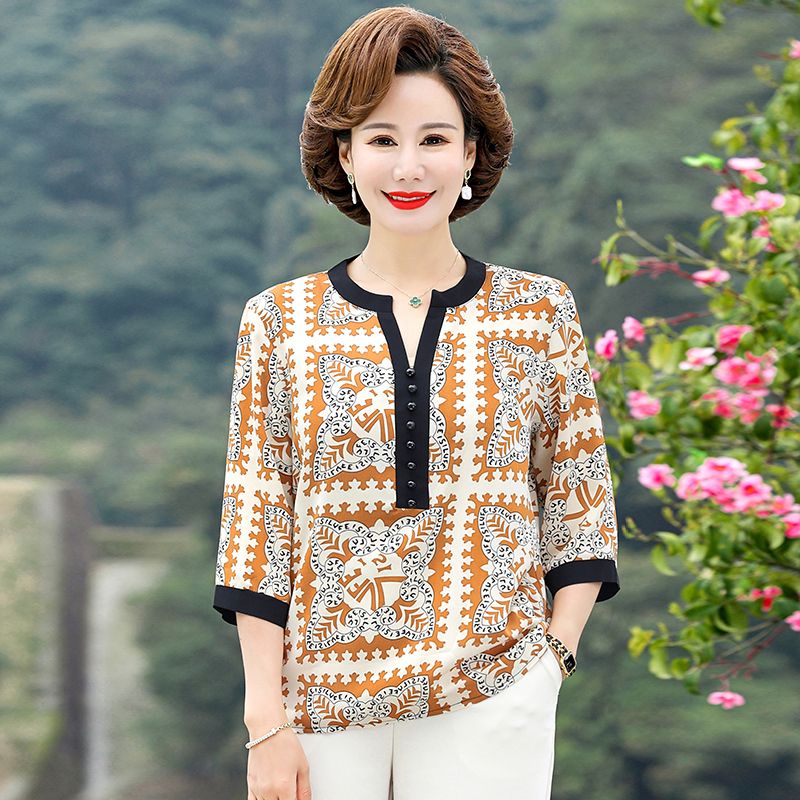 lanweifeilei夏装t恤洋气显瘦中年女装新款雪纺衫套装夏季气质上衣