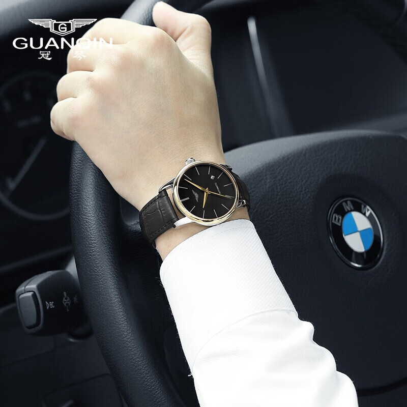 冠琴（GUANQIN）瑞士品质进口机芯手表男士机械表全自动简约薄男表商务防水腕表 白壳黑面黑皮【免费刻字】