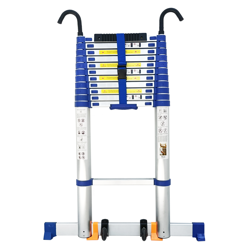 加多奇加厚带钩子伸缩梯带电线杆弧形垫圈铝合金便携式蓝色伸缩梯 升级款挂钩靠杆蓝色单面梯4.6米(带平衡杆)