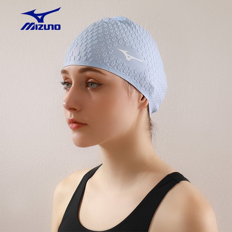 美津浓(MIZUNO)泳帽男女长发护耳防水硅胶游泳水滴帽加大不勒头防滑泡泡帽 黑色