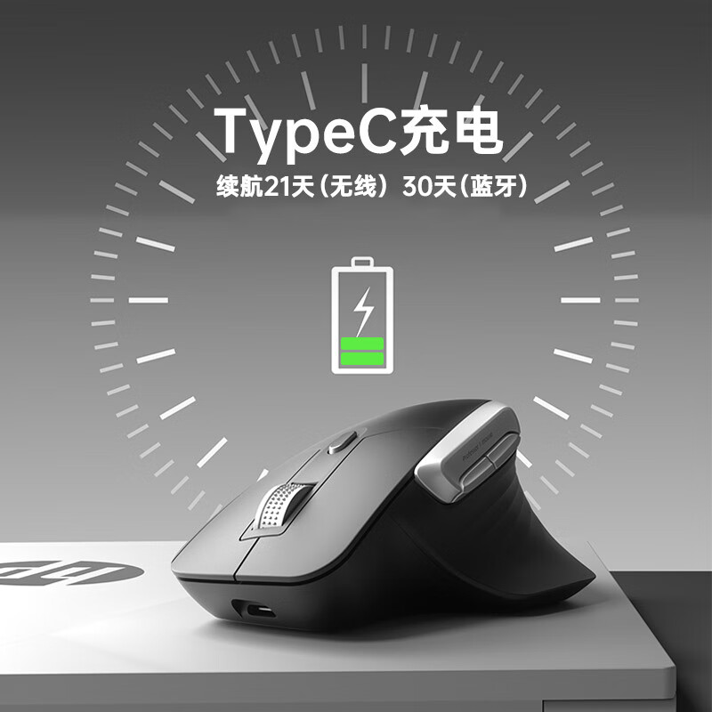 惠普(HP)Professor 1无线蓝牙鼠标人体工学设计办公轻音鼠标可充电三模通用 高端黑色