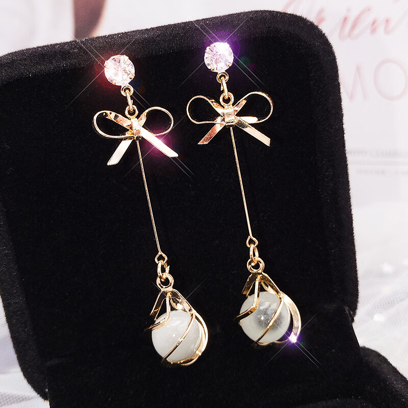 巴克乐乐925银针日韩版气质长款耳钉女个性猫眼石蝴蝶结耳坠甜美耳环