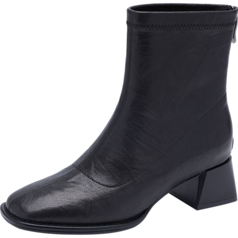 沙馳(SATCHI)時(shí)裝靴女短靴秋季新款保暖英倫風(fēng)羊皮女高跟鞋黑軟皮鞋靴女 啡色(L807062P105) 單層 38