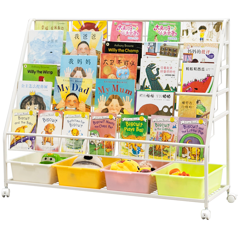 SOFS儿童书架可移动绘本架 铁艺钢制宝宝小书架子 婴幼儿图书本玩具收纳架 学生立式简易矮书架柜 XXL码可移动(5层展示+1层收纳) 白黄粉绿4盒