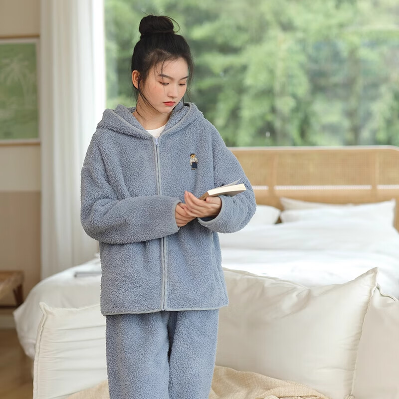 Teenie Weenie小熊新款连帽睡衣女款秋冬季加绒加厚保暖家居服套装 治愈蓝 均码