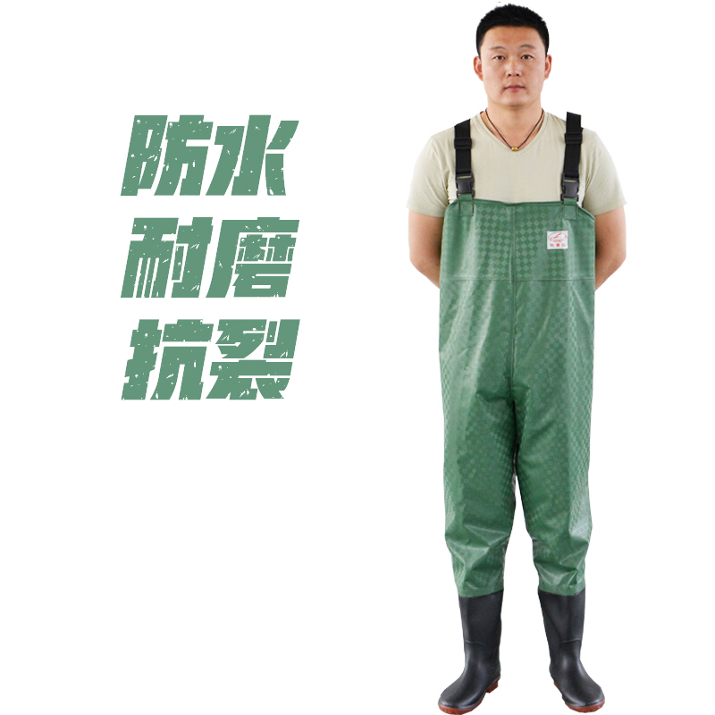红诗雨橡胶下水裤pvc下水裤迷彩半身捕鱼裤防水防电钓鱼裤 绿格半身