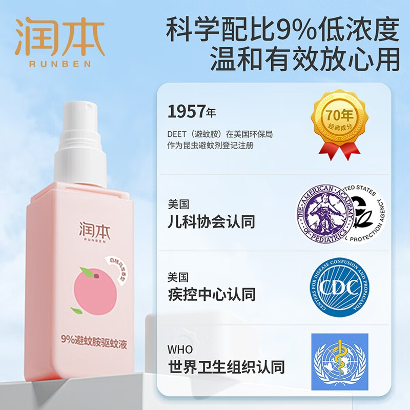 润本(runben)驱蚊喷雾成人户外防蚊喷雾驱蚊水9%避蚊胺花露水驱蚊液防