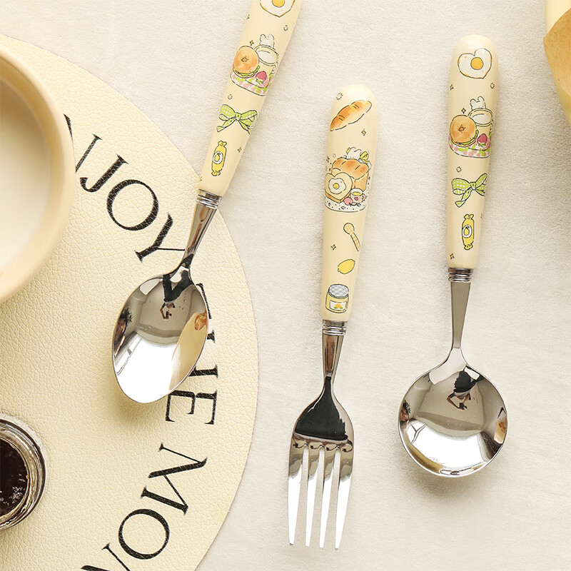 蓝莲花 不锈钢刀叉餐具家用可爱儿童甜品汤勺面条304餐叉三件套 贝果不锈钢餐具（餐勺）单个