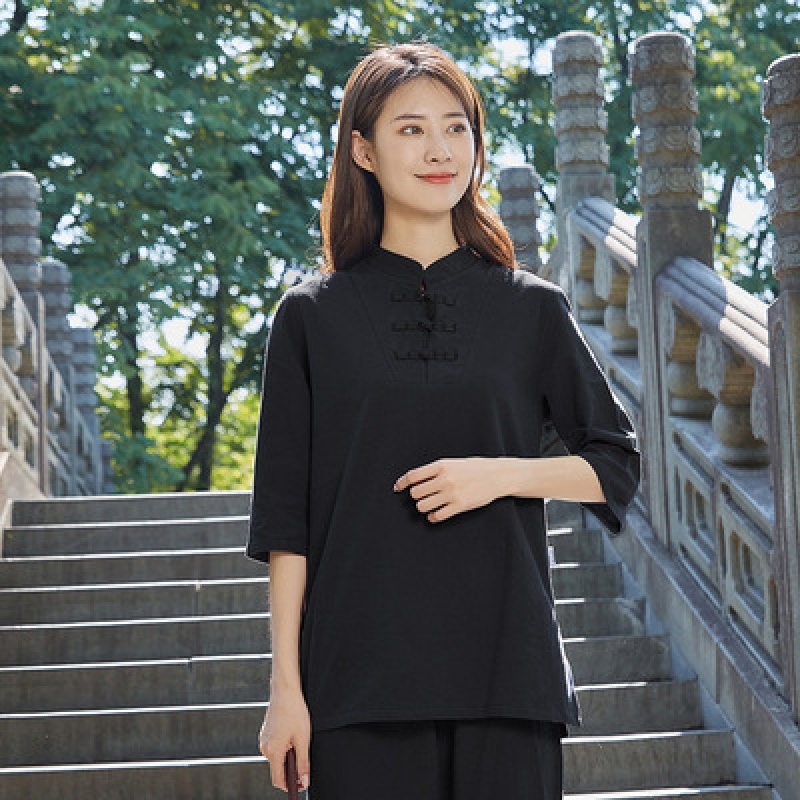 定制太極服女夏棉麻禪修練功武術(shù)表演服男太極拳中國(guó)風(fēng)新款工作服 黑色七分袖女 XL