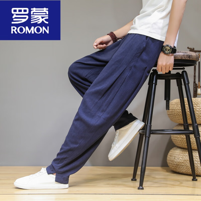羅蒙（ROMON）亞麻褲中國(guó)風(fēng)男裝夏季大碼薄款休閑長(zhǎng)褲復(fù)古寬松哈倫褲棉麻直筒褲 藏青色 2XL 160-180