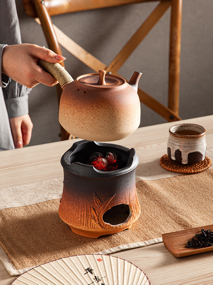 复古户外酒精炉煮茶器室内碳炉围炉陶瓷煮水壶灌灌壶茶炉木炭泥炉 清闲提梁壶+岩房电陶炉 800ml