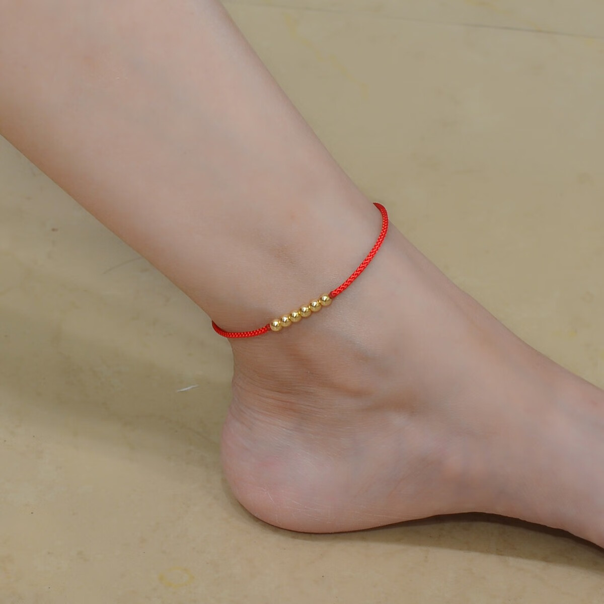 足金6金珠红绳脚链女款