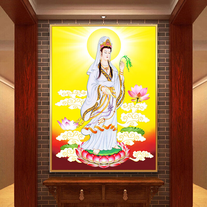 睿泰南海观音菩萨画像挂画观音画像佛堂供奉挂画 观世音菩萨佛像丝绸