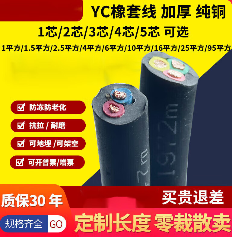 荧阙铜2/3芯1.5/2.5/4/6平方潜水泵电线电缆线防冻防水YC护套橡套线 纯铜2芯1平方(1米)