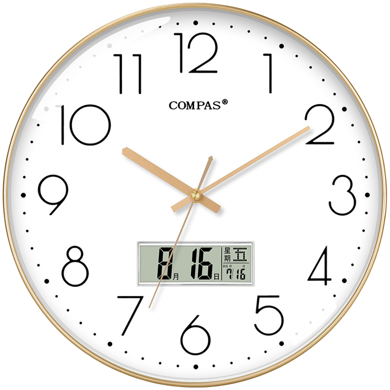 康巴絲（Compas）掛鐘客廳鐘表石英鐘表掛墻時(shí)鐘日歷掛表 C3219AY輕奢金 35cm
