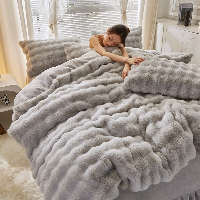 途波列獭兔毛绒四件套泡泡格子加厚仿皮草獭兔毛绒牛奶绒四件套 CH.A泡泡浅灰 1.5m床单款(被套200*230cm)套件 119元