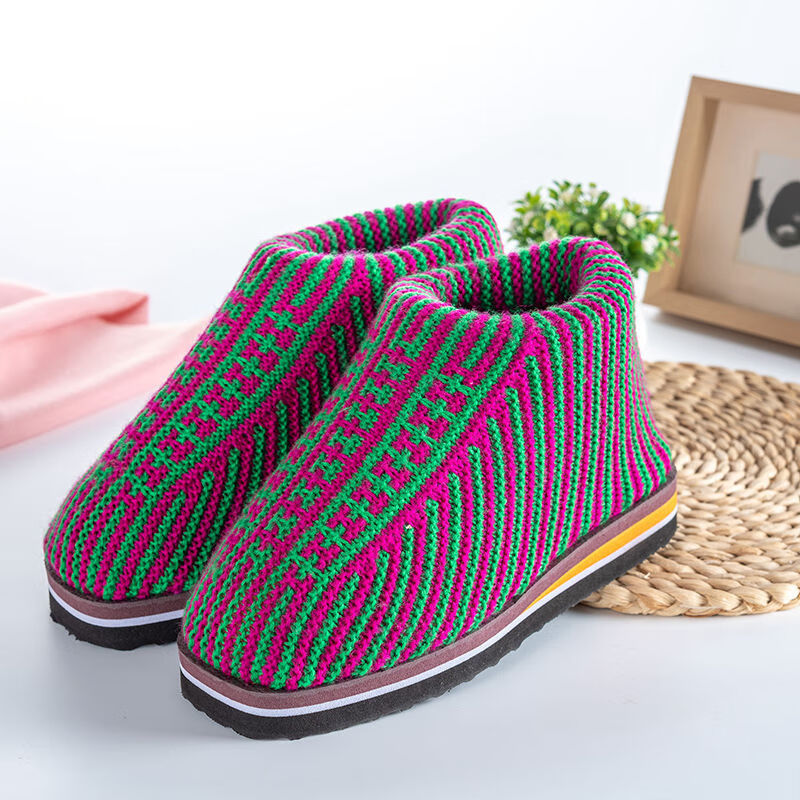 鞋子女手工编织棉鞋女居家冬季保暖毛线拖鞋成品鞋鞋 太阳花玫红果绿