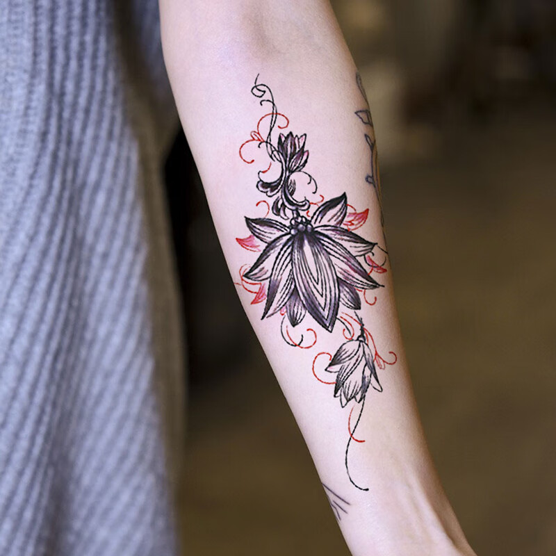 哦嘻啦暗黑系莲花藤蔓纹身贴男黑色荷花性感手臂小腿遮盖疤痕防水女
