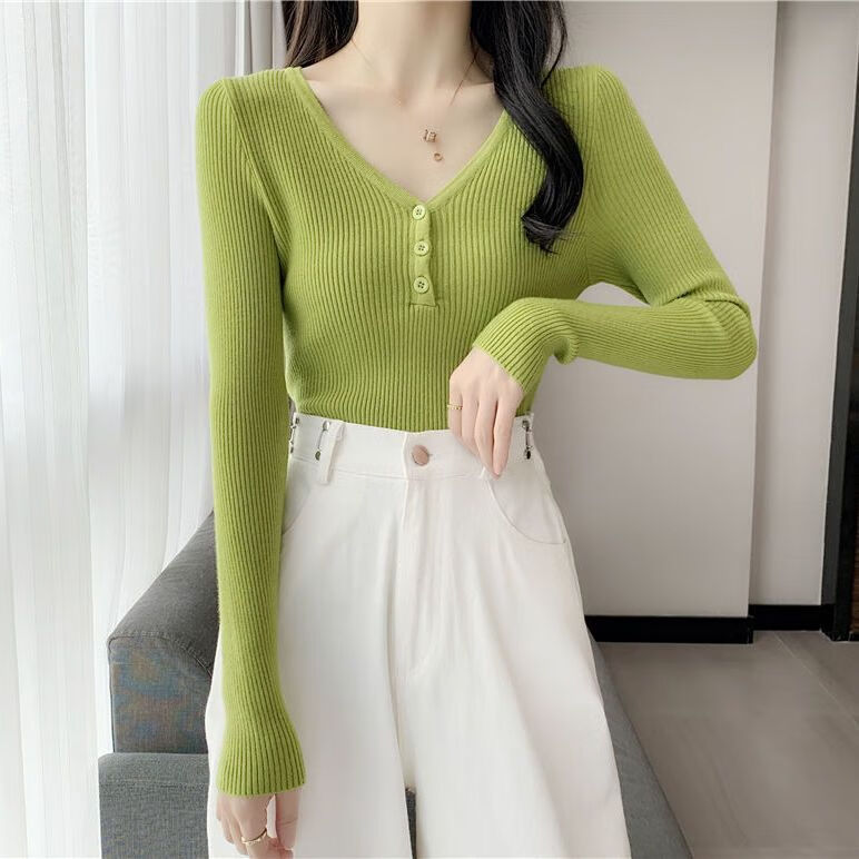 修身紧身毛衣女鸡心领v领韩版秋款早秋装v领上衣春秋季薄款修身纯色内