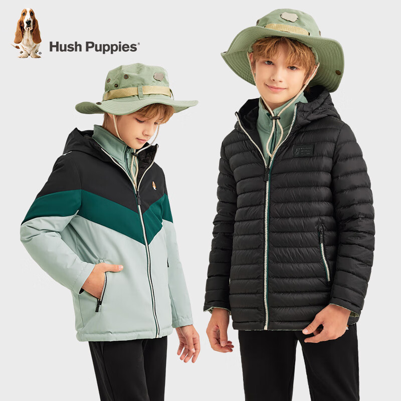 暇步士(Hush Puppies)【三防】童装儿童男大童冬季新款时尚拼色保暖双面穿羽绒服 钻石黑 160 cm【充绒量89g】