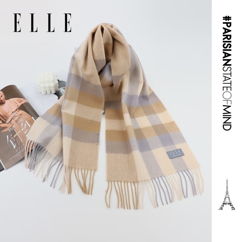 ELLE100%羊毛围巾女士秋冬季保暖时尚百搭格子围脖 驼格