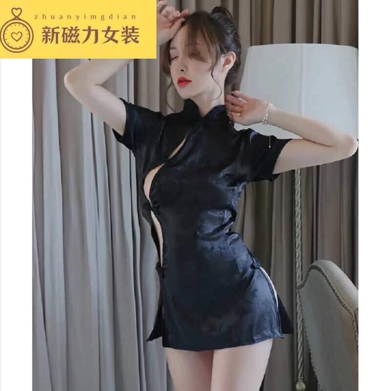 细熙性感复古风透视侧叉开旗袍民国风学生纯欲套装 性感旗袍-黑色含内裤  均码建议80-120斤
