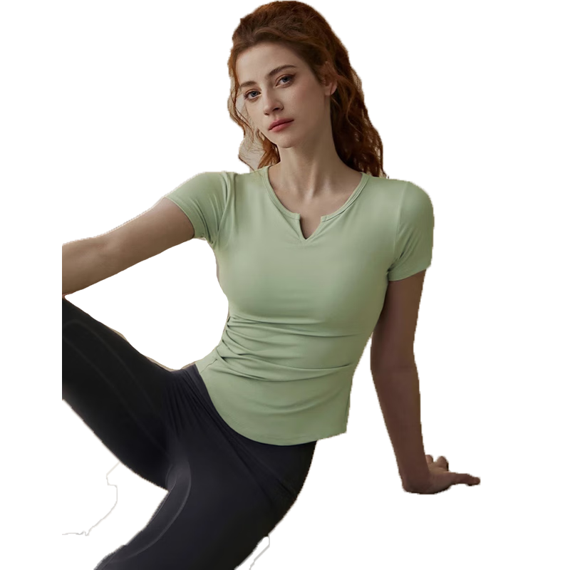 DK（内衣） 生活秀（Livex）纯色V领褶皱短袖收腰显瘦瑜伽服女透气速干紧身上衣 豆蔻绿 XL