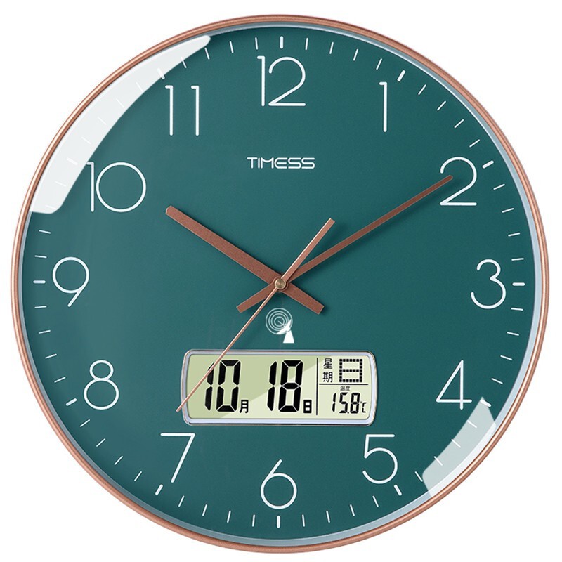 Timess挂钟客厅钟表2023新款电波钟自动对时万年历温度显示家用时钟表 P27-5孔雀绿【直径35CM】