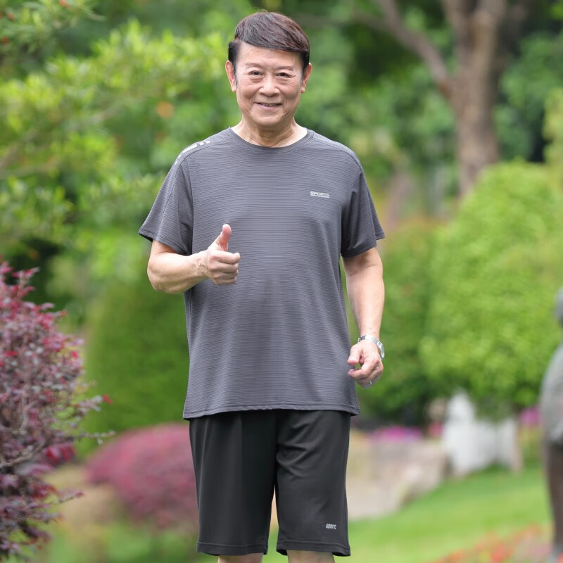 昭麓老人老头圆领汗衫爸爸夏装t恤短袖速干中老年人休闲运动套装冰丝